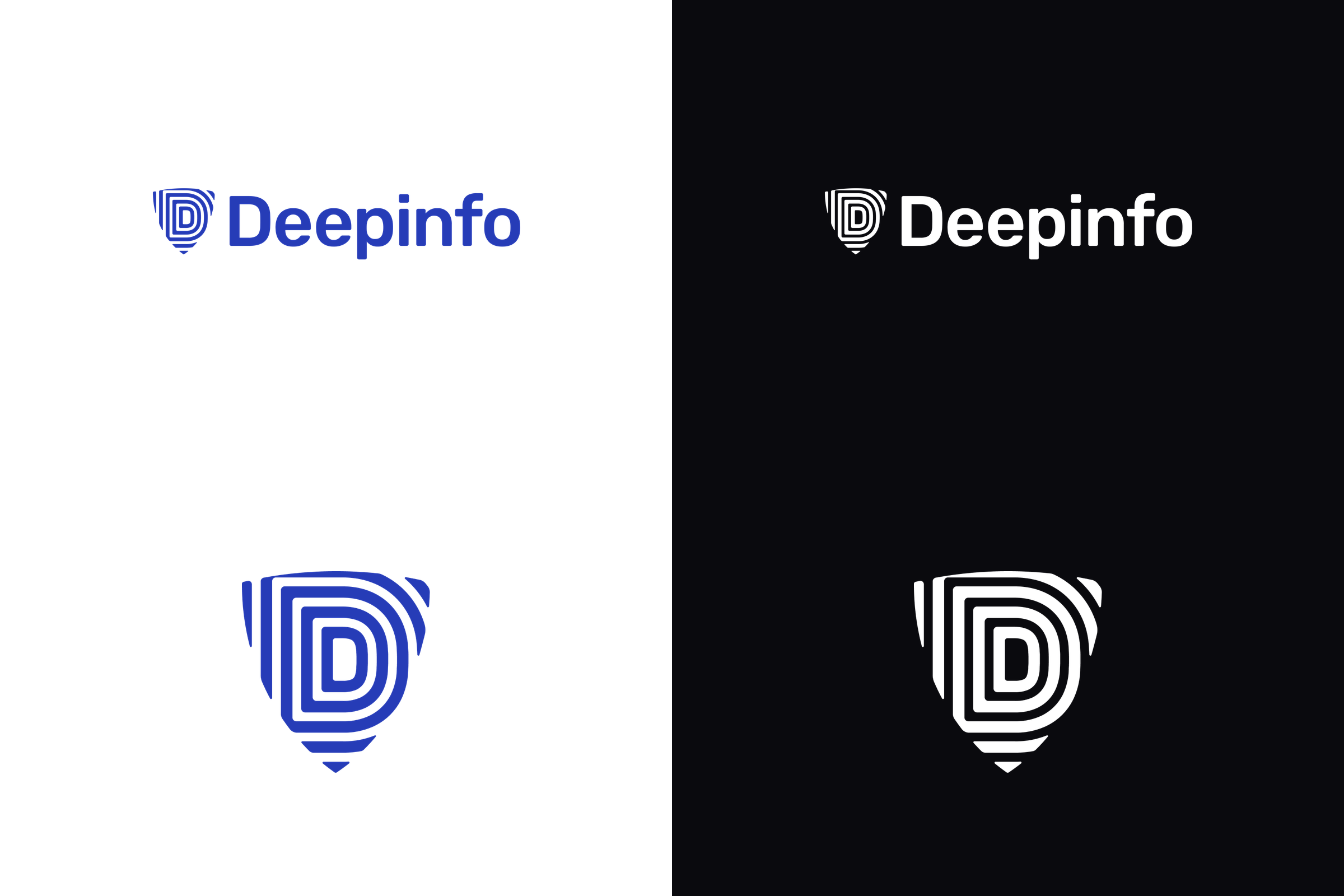 Deepinfo logos and icons, wordmark and icon variants on light and dark backgrounds